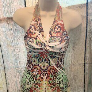 Women's Crepe Silky Soft Printed Fabric, Halter Top with Small Silver Accents